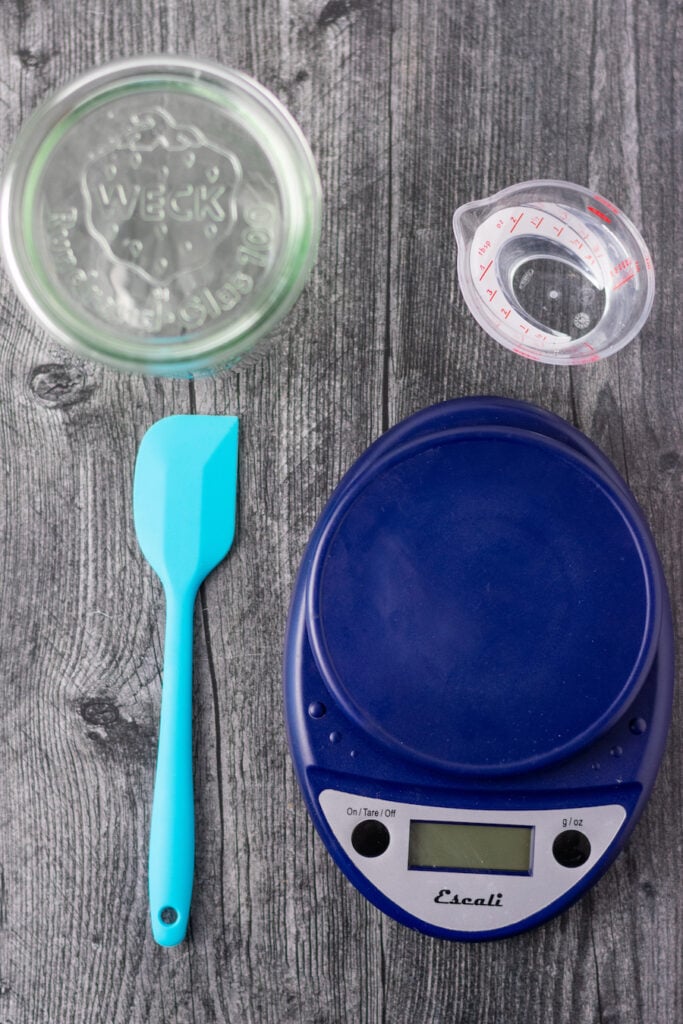 Sourdough Starter Tools including scale, Weck jar, small spatula, and small liquid measuring cup