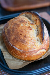 Sourdough bread baked in a pan