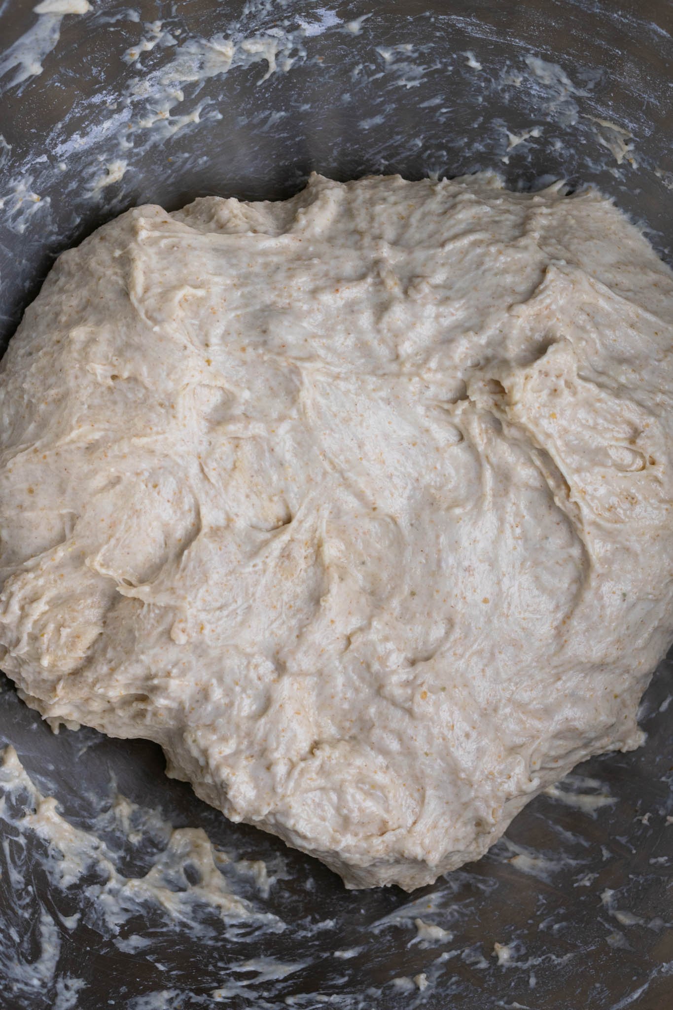 Shaggy dough in mixing bowl right after adding levain