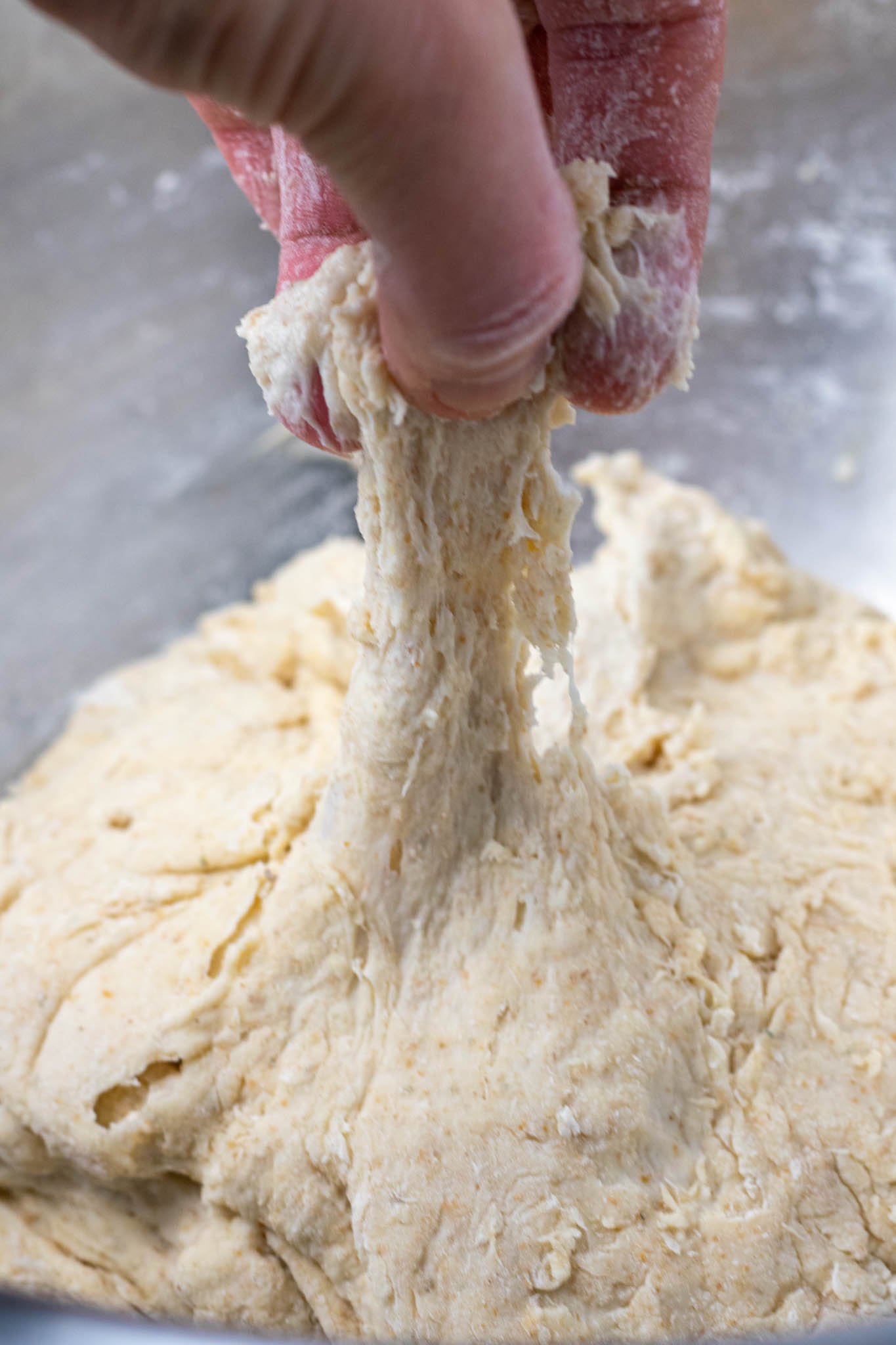 Hand pulling dough up and tearing during autolyse