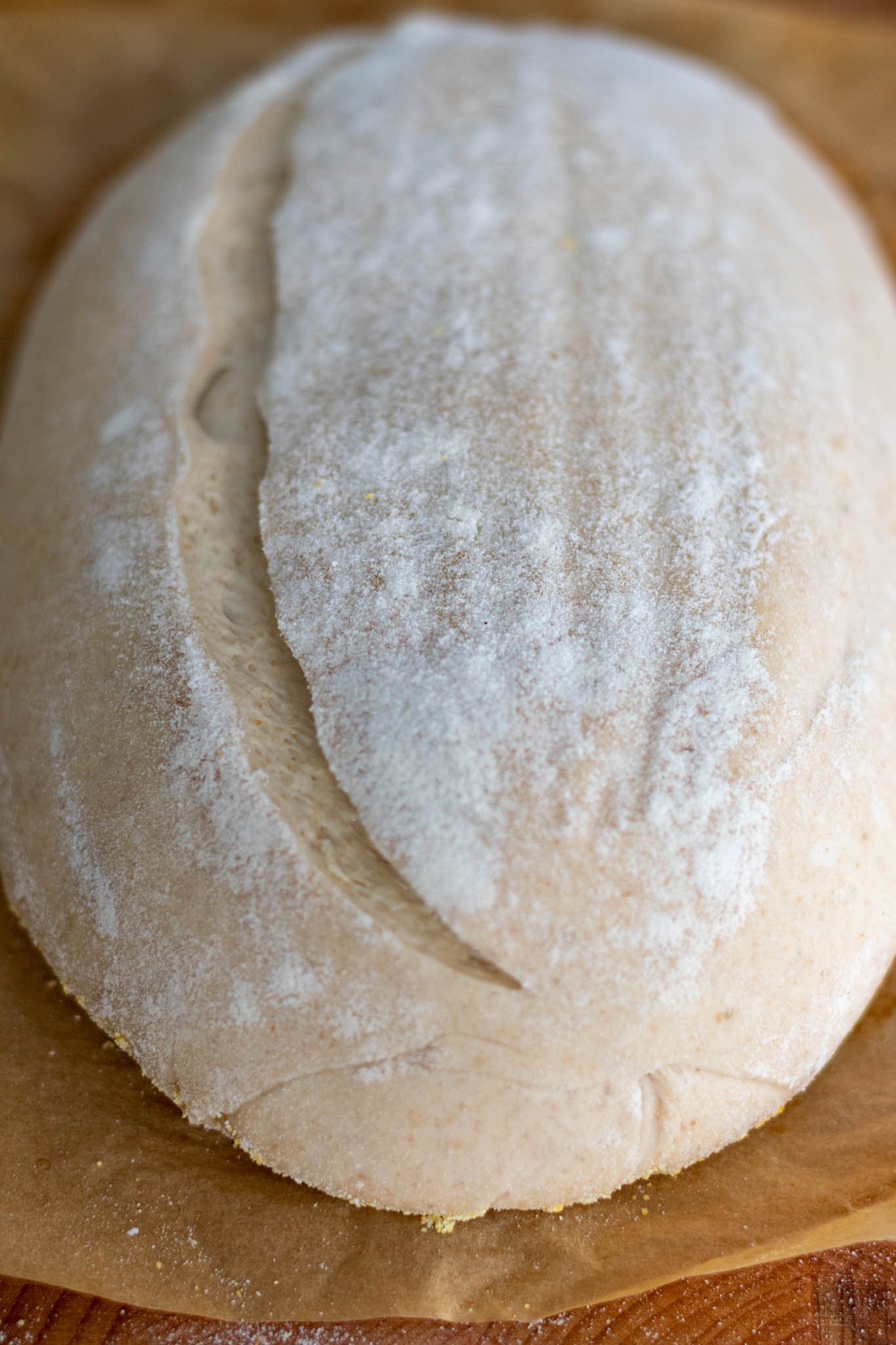 Close up of dough after scoring with cut