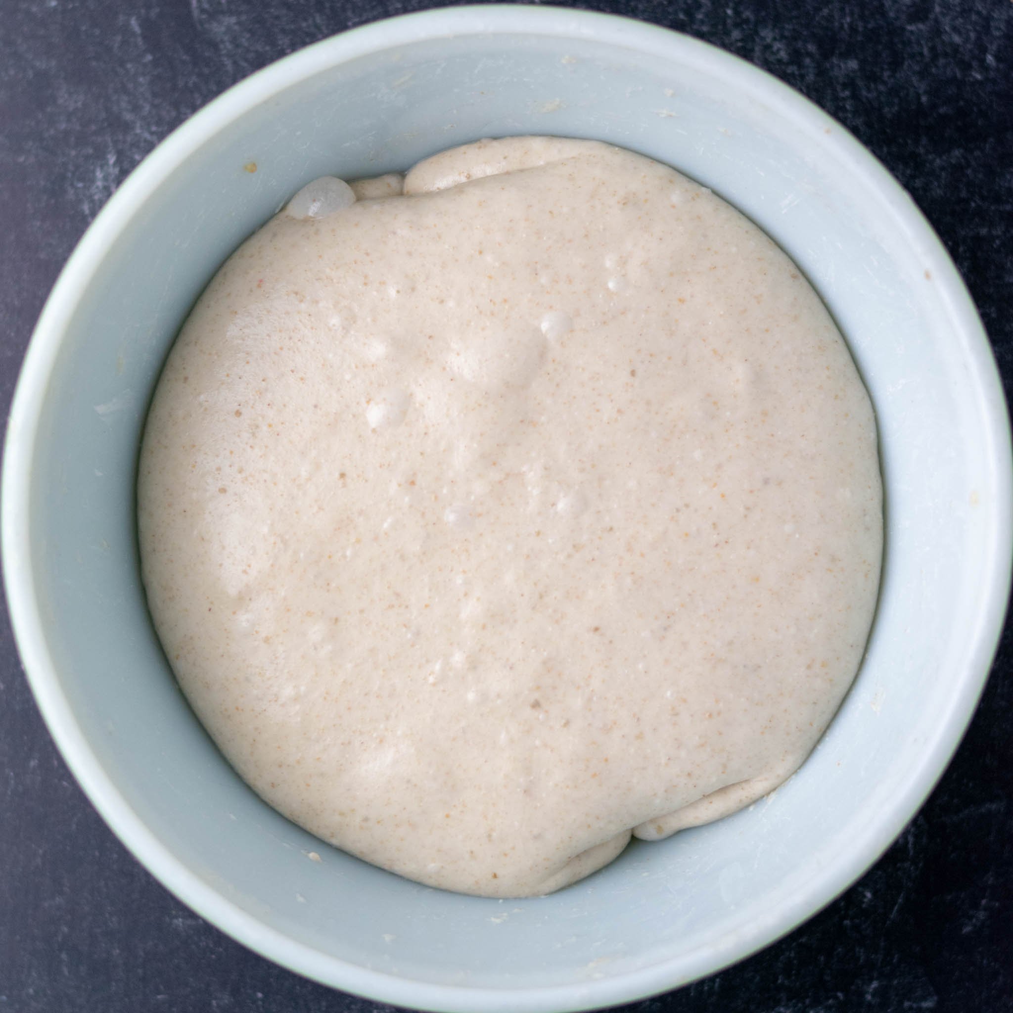 Smooth and bubbly dough at the end of bulk fermentation in mixing bowl