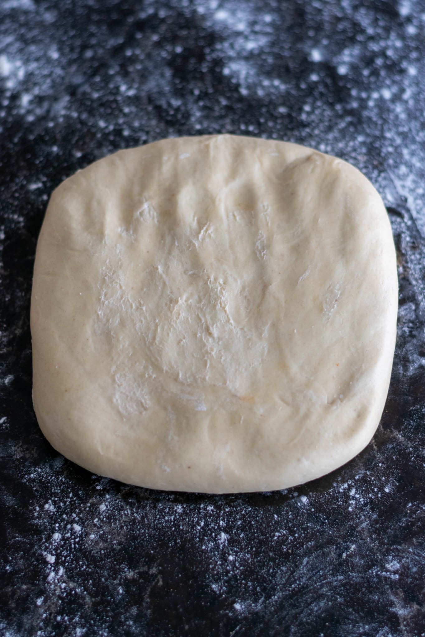 Dough on floured counter pressed down and degassed into a square