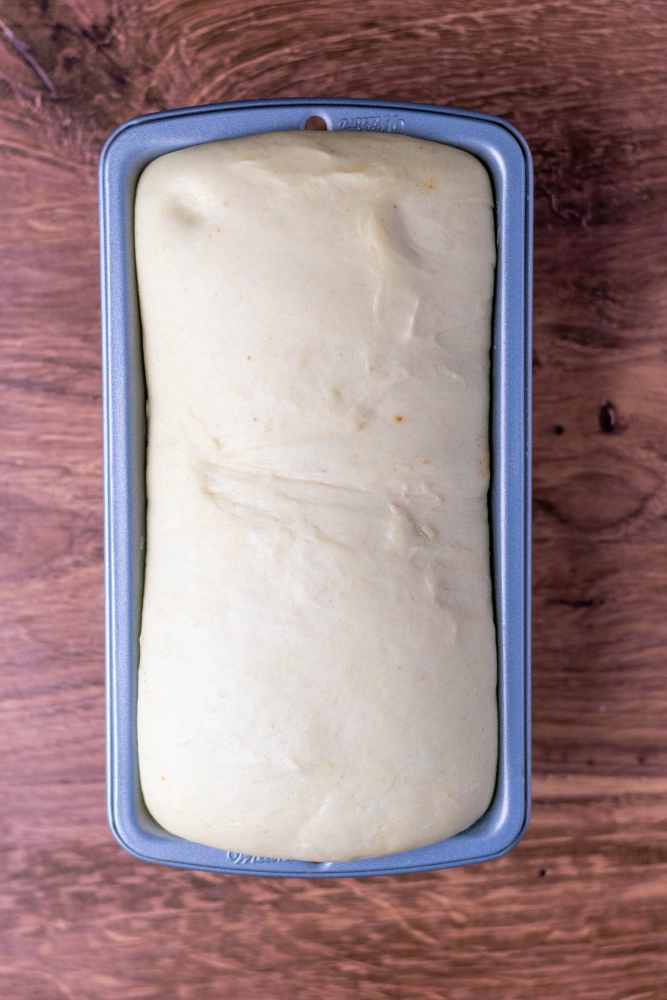 Poofy dough in bread pan after final proof
