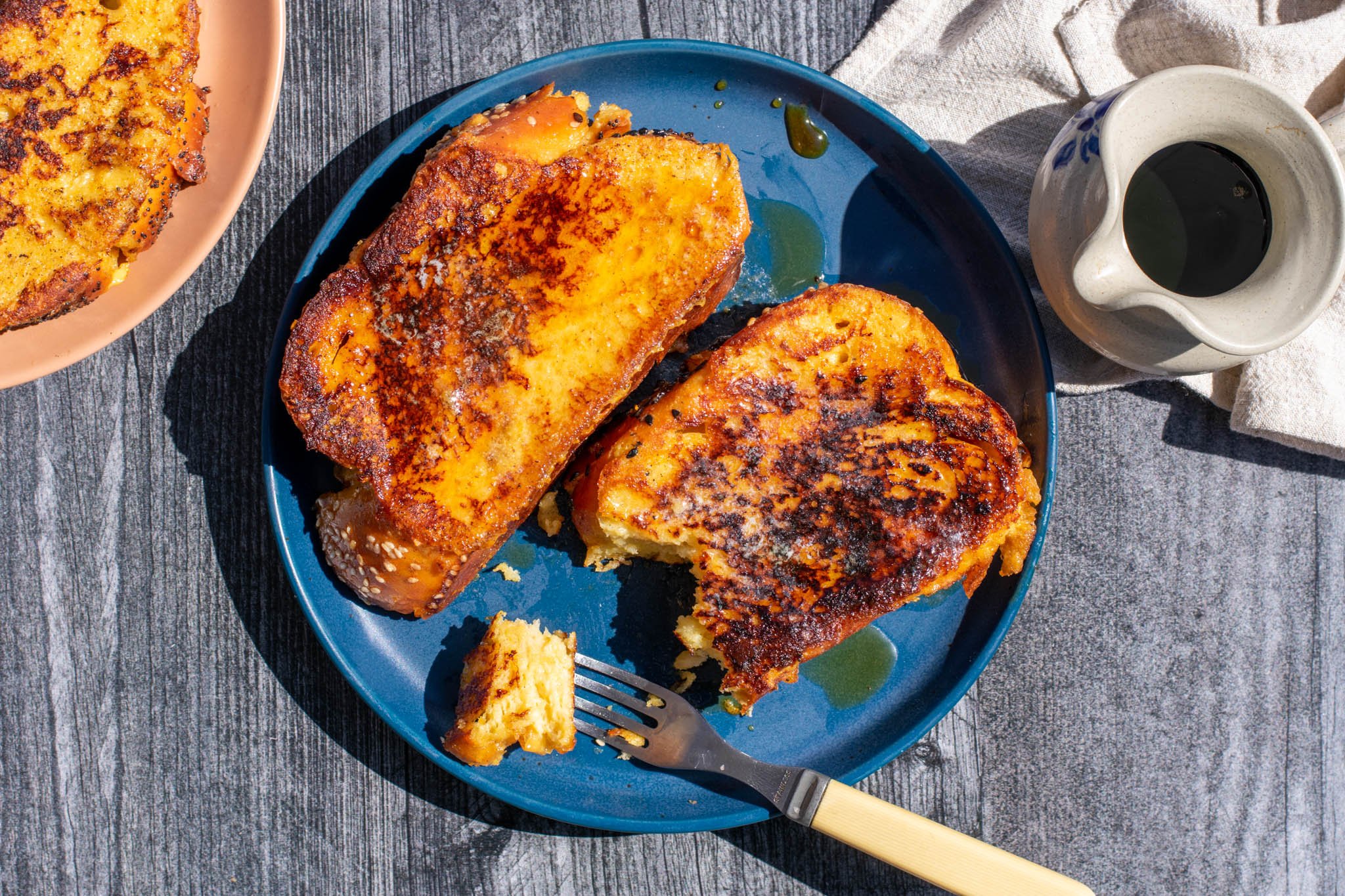 Sourdough Challah French Toast on plate with syrup