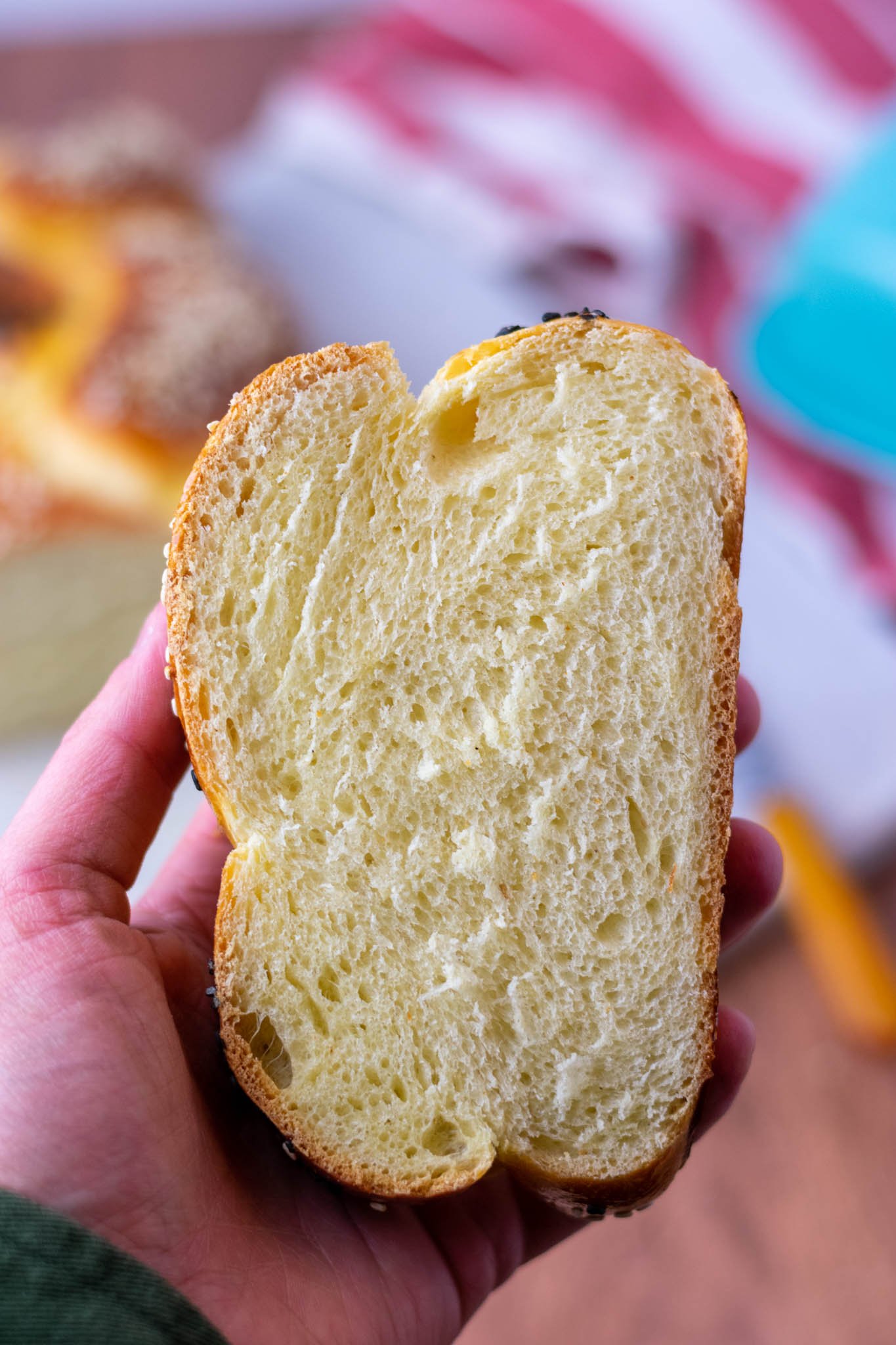 Sourdough challah crumb up close