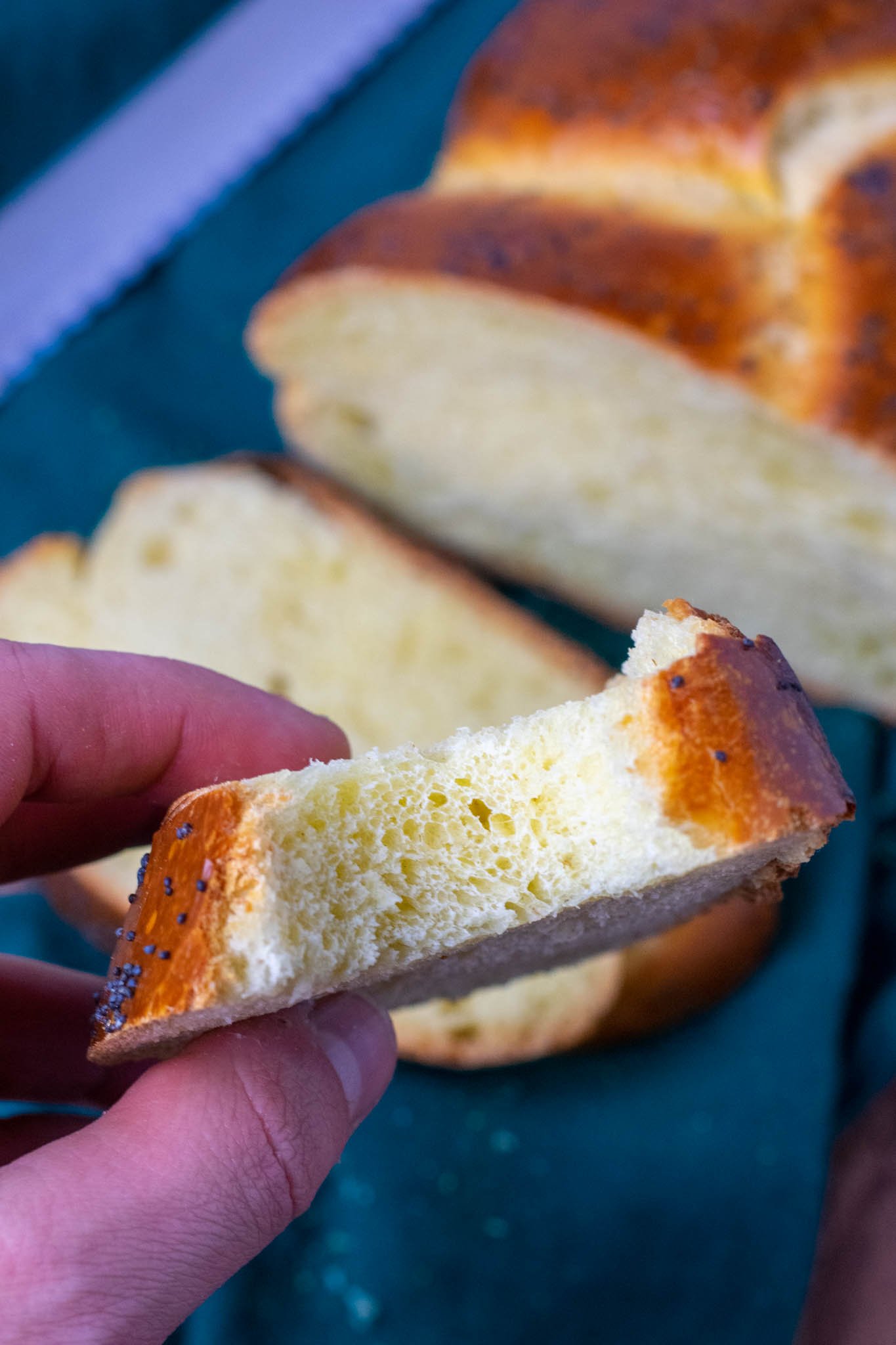 Sourdough challah poppy seeds sliced bite
