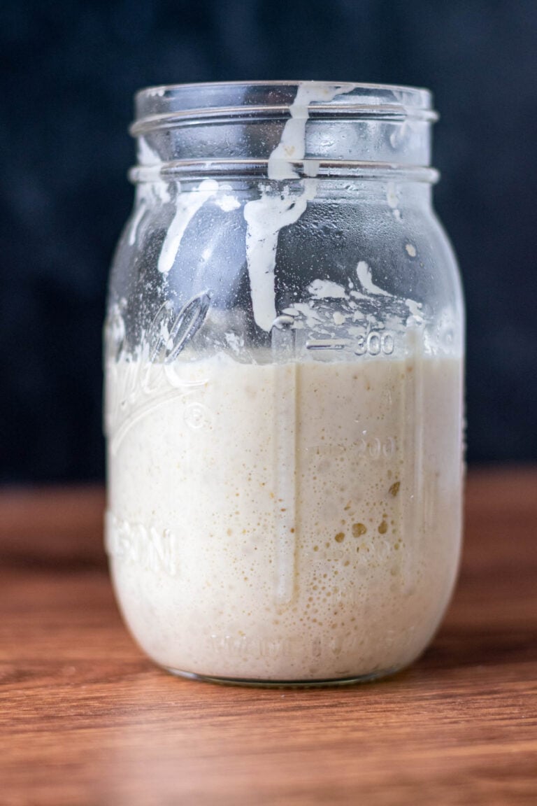 Bubbly, doubled, and active sourdough starter in glass Mason Jar