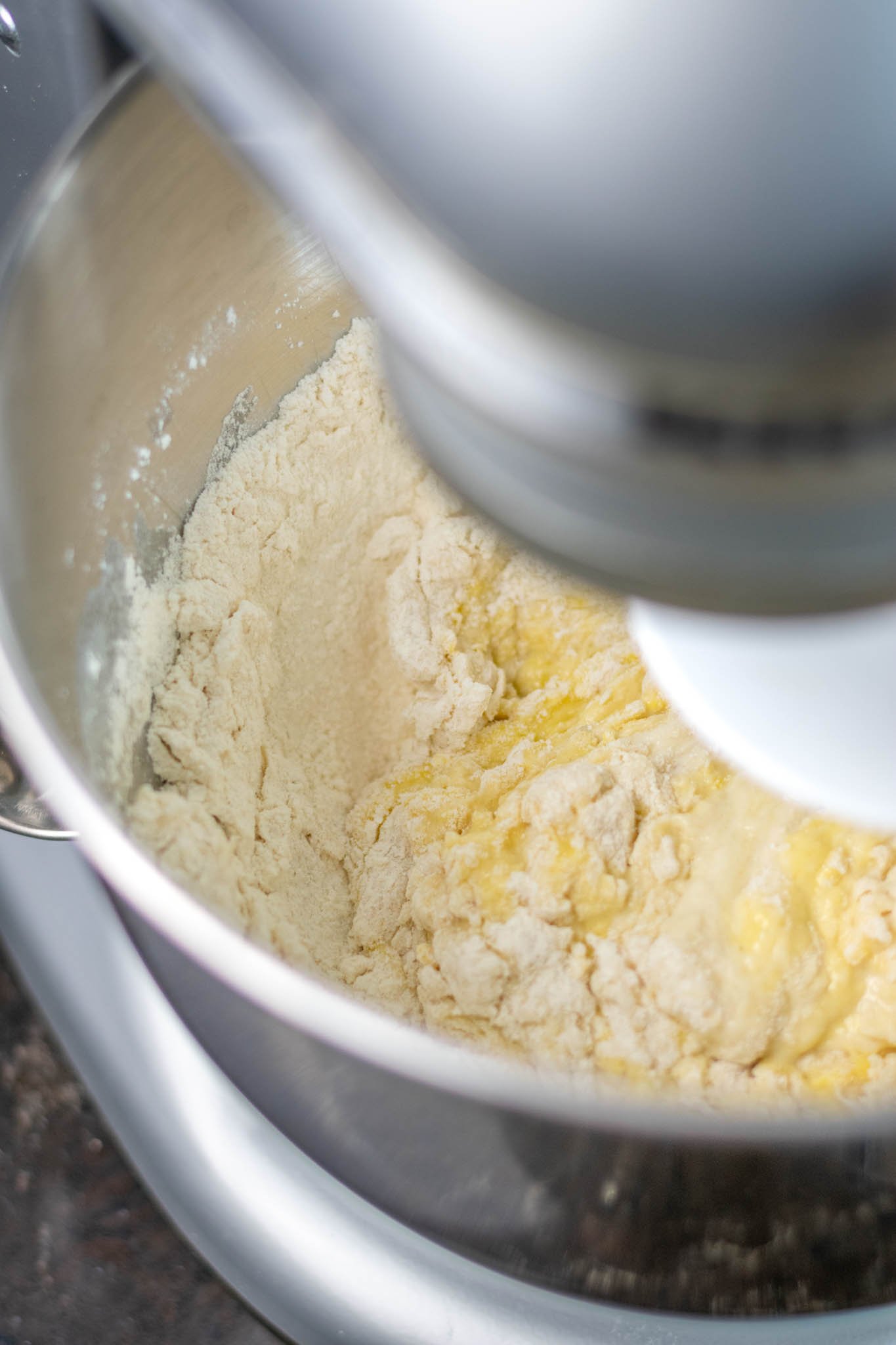 Ingredients just being mixed together in stand mixer bowl