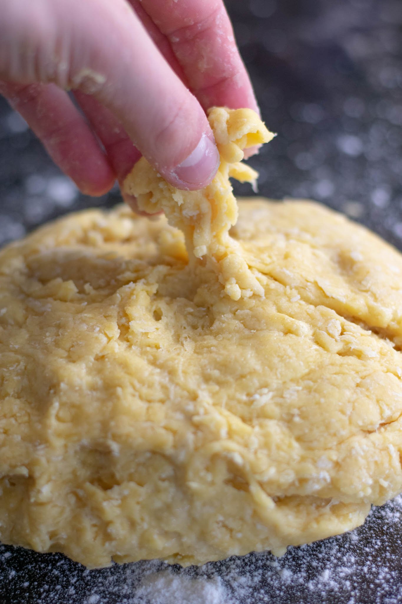 Tearing dough before kneading sourdough challah