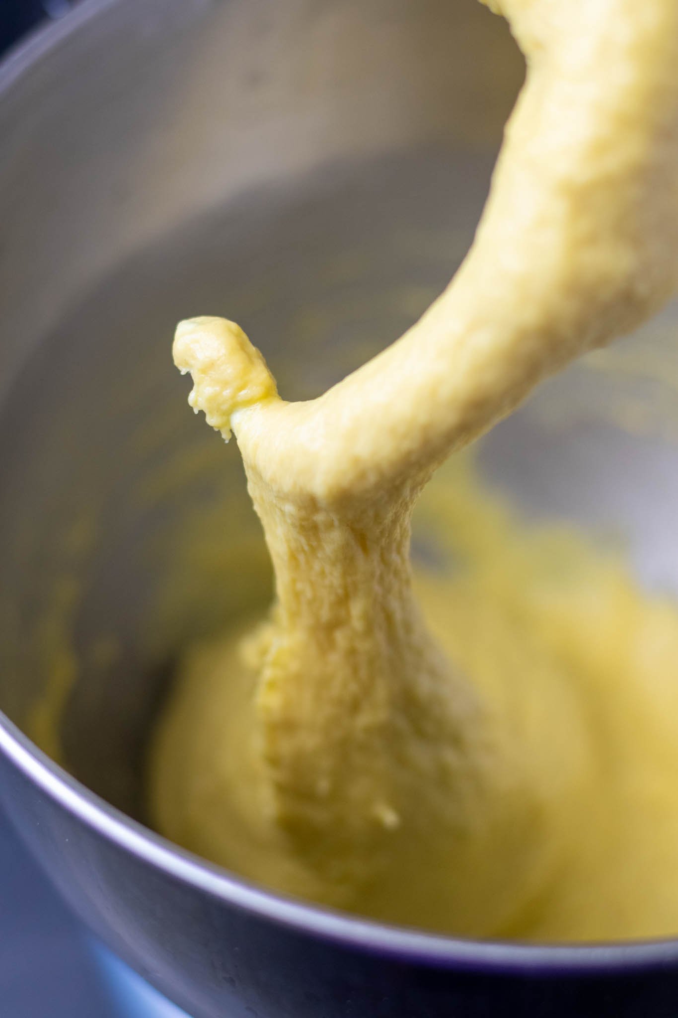 Brioche dough at start of mixing on dough hook