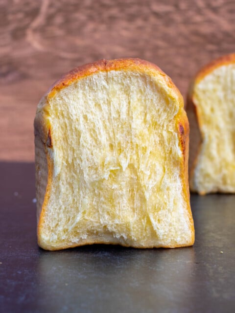 Portrait of sourdough brioche slice on table