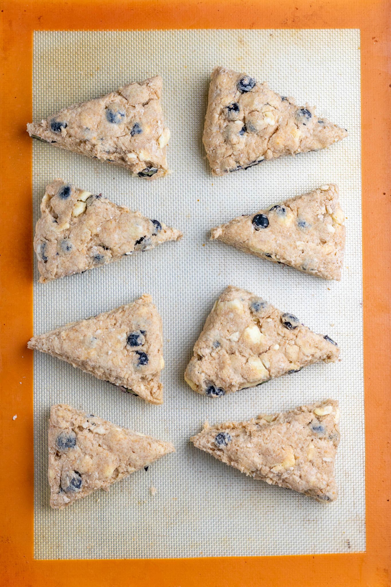 Overhead of eight Sourdough discard blueberry scones on sheet pan before baking
