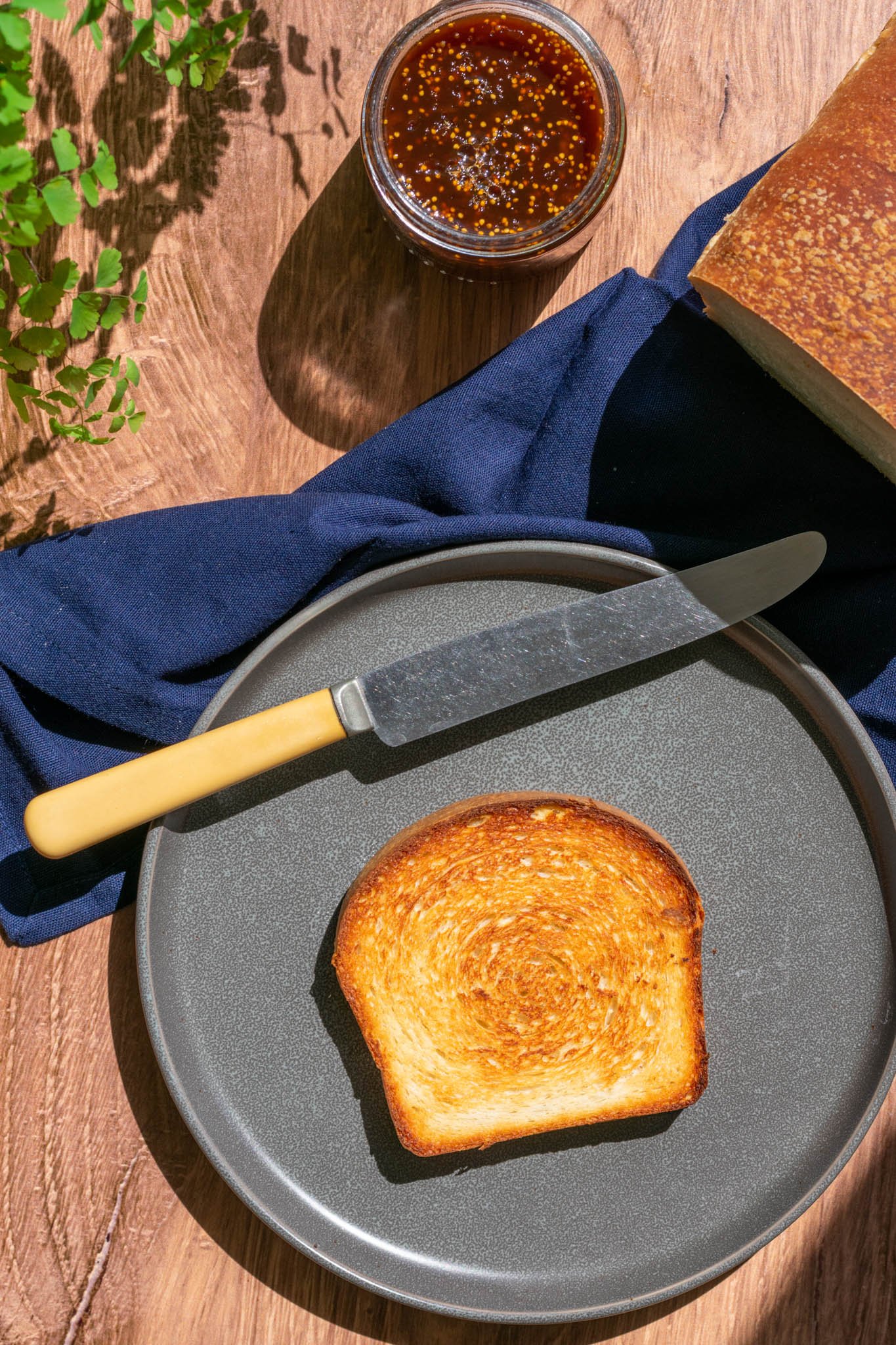 Slice of toasted sourdough sandwich bread on plate with knife and fig jam