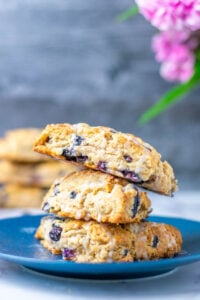 Sourdough discard blueberry scones stacked on plate