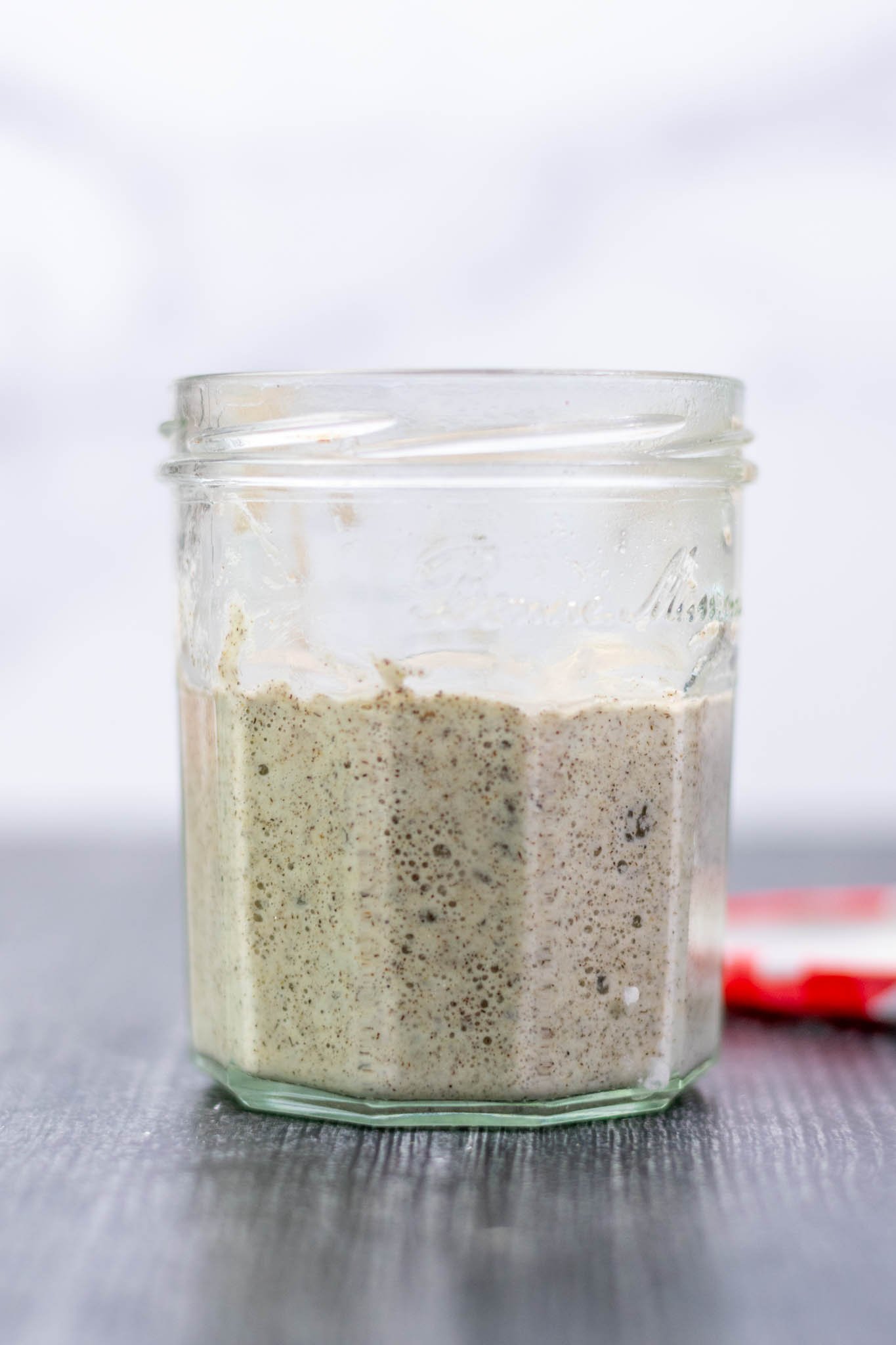 Jar of buckwheat sourdough starter levain