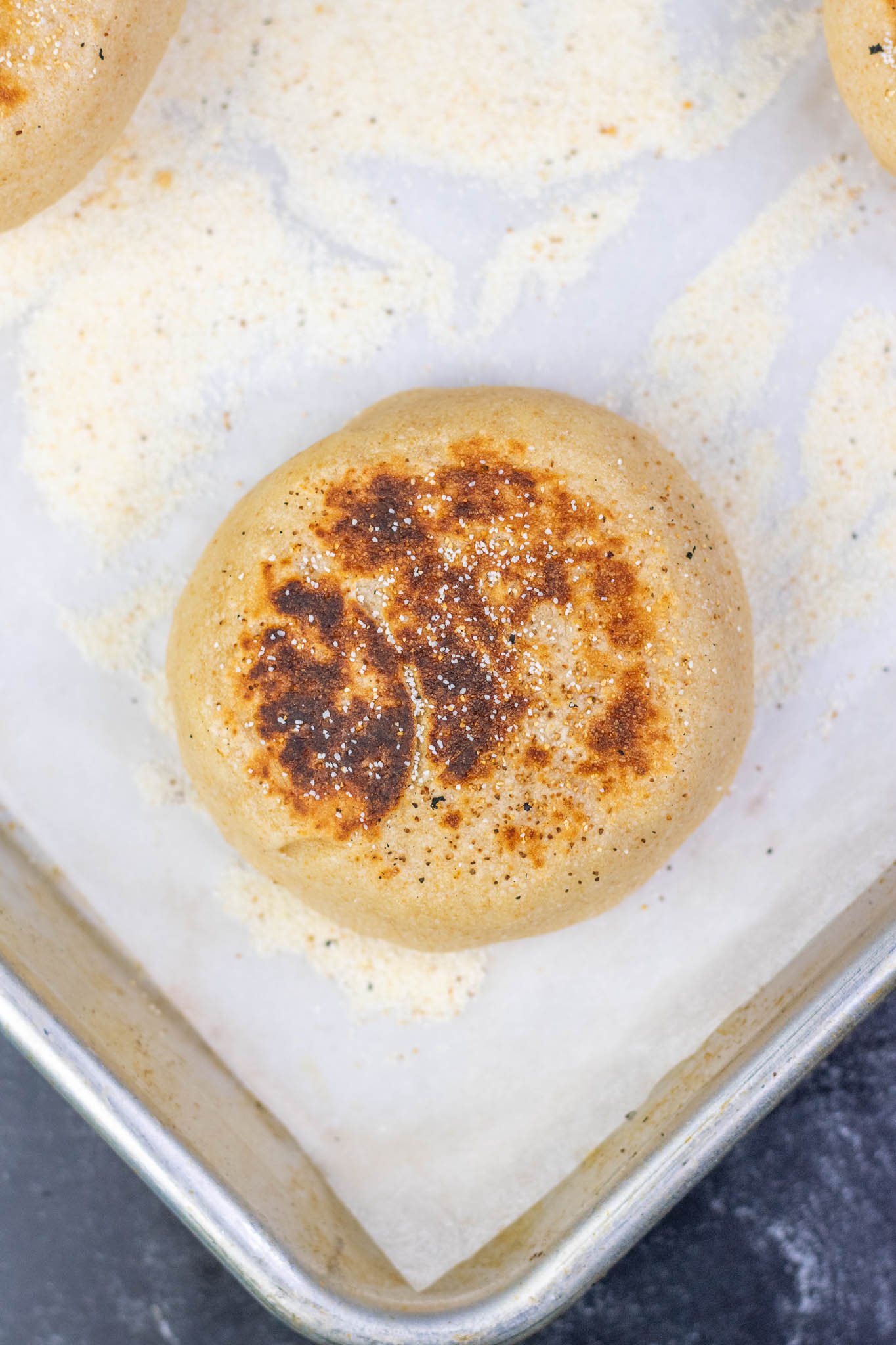 Baked Sourdough English Muffin on sheet pan