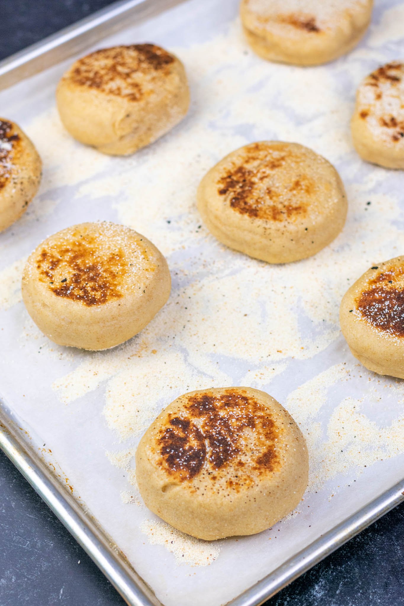 Baked Sourdough English Muffins on sheet pan