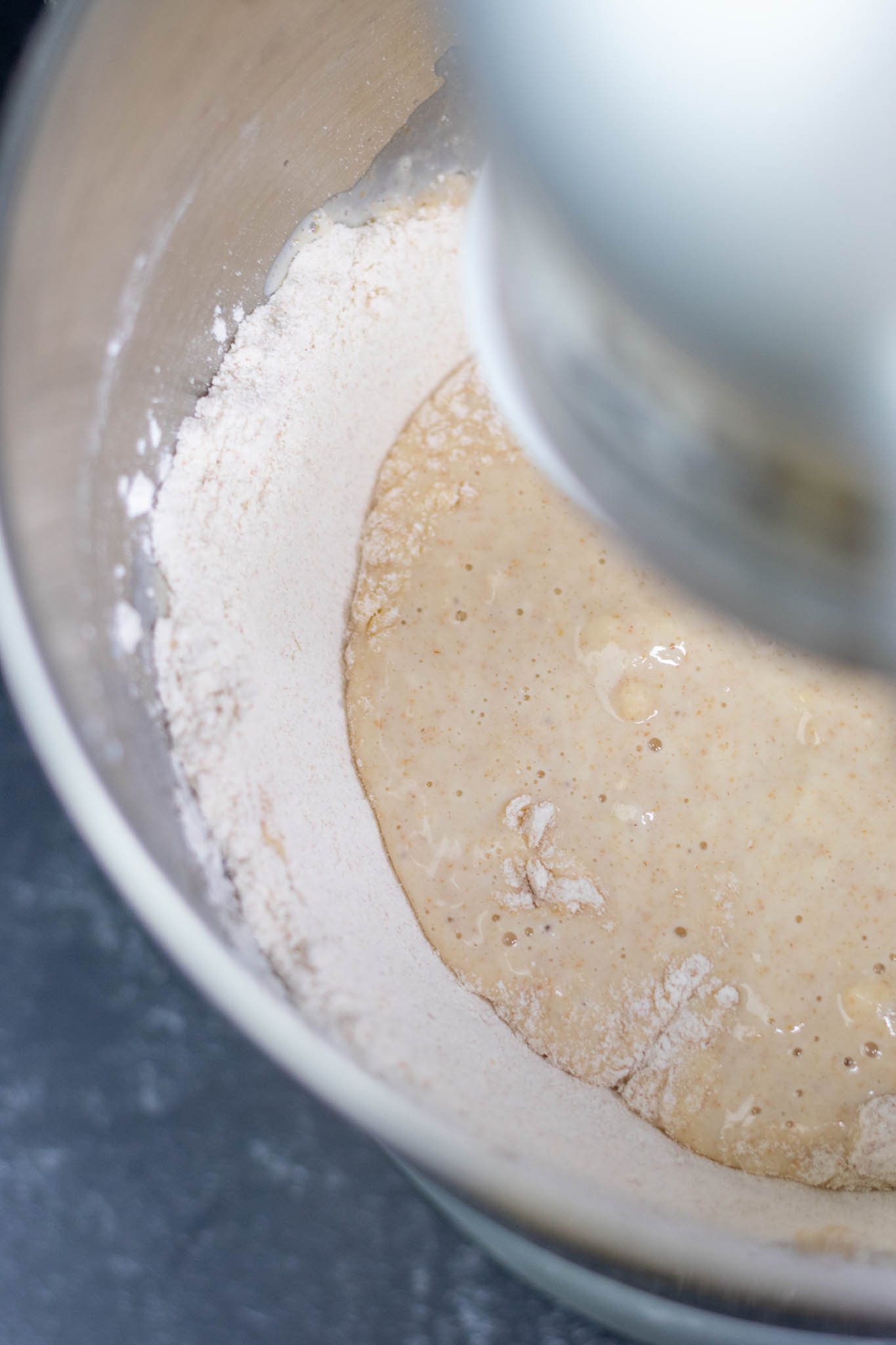 Starting to mix sourdough english muffin dough in stand mixer