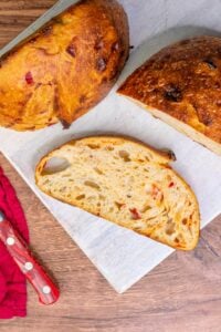 Calabrian chili and honey sourdough bread on a cutting board
