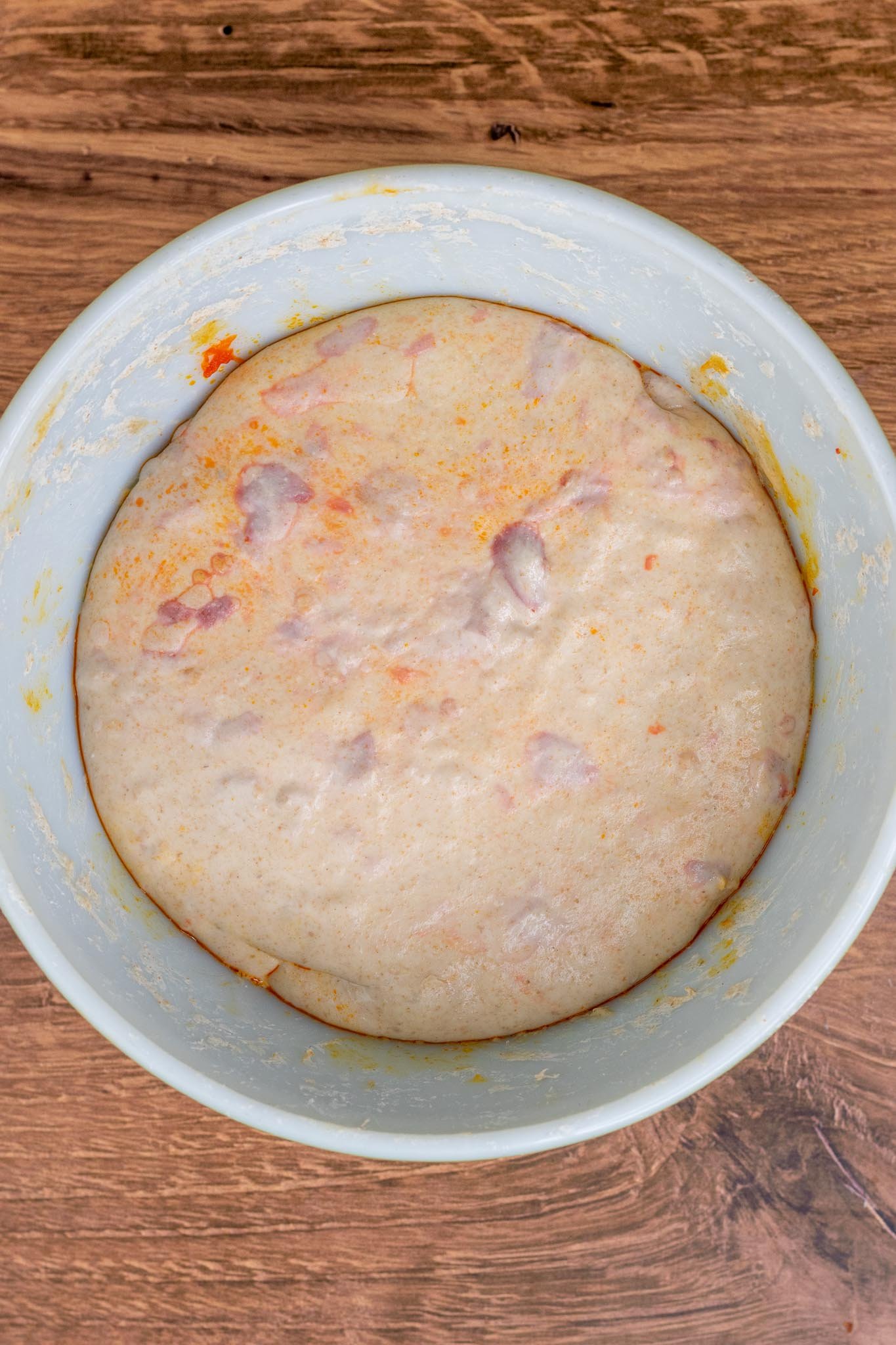 Calabrian chili and honey sourdough at the end of bulk fermentation in bowl