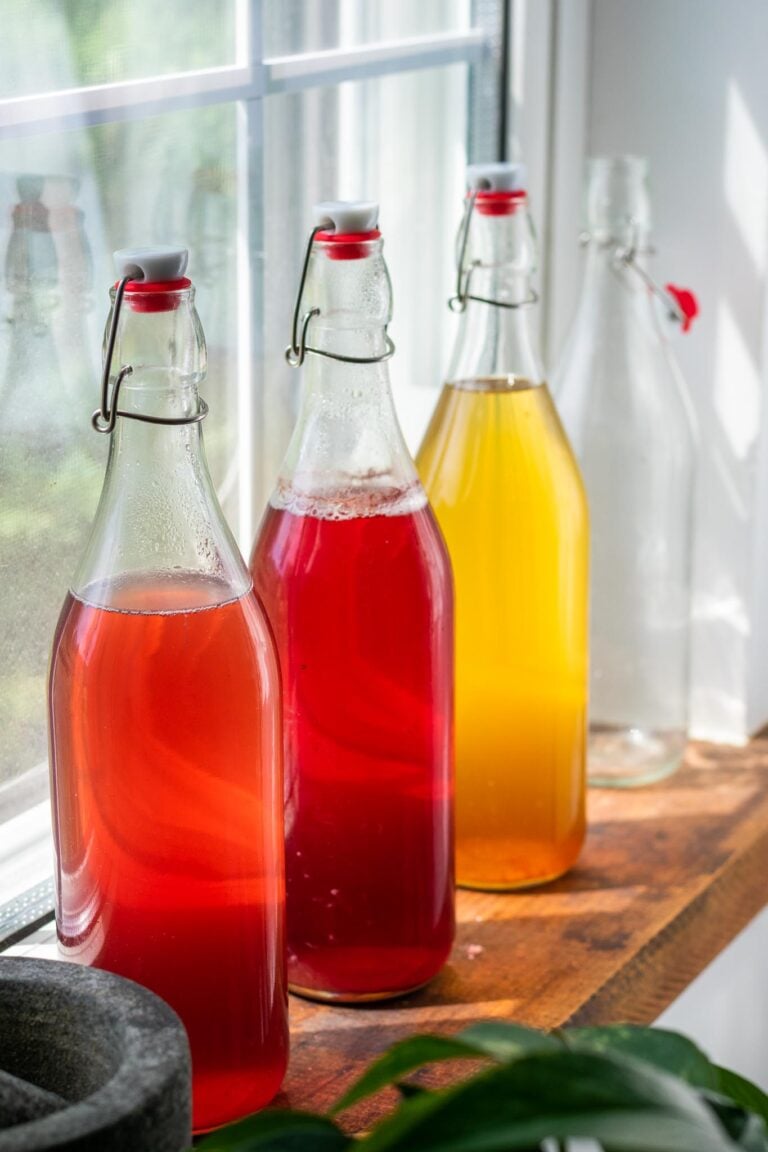 Three flavors of water kefir in flip top bottles on a window sill