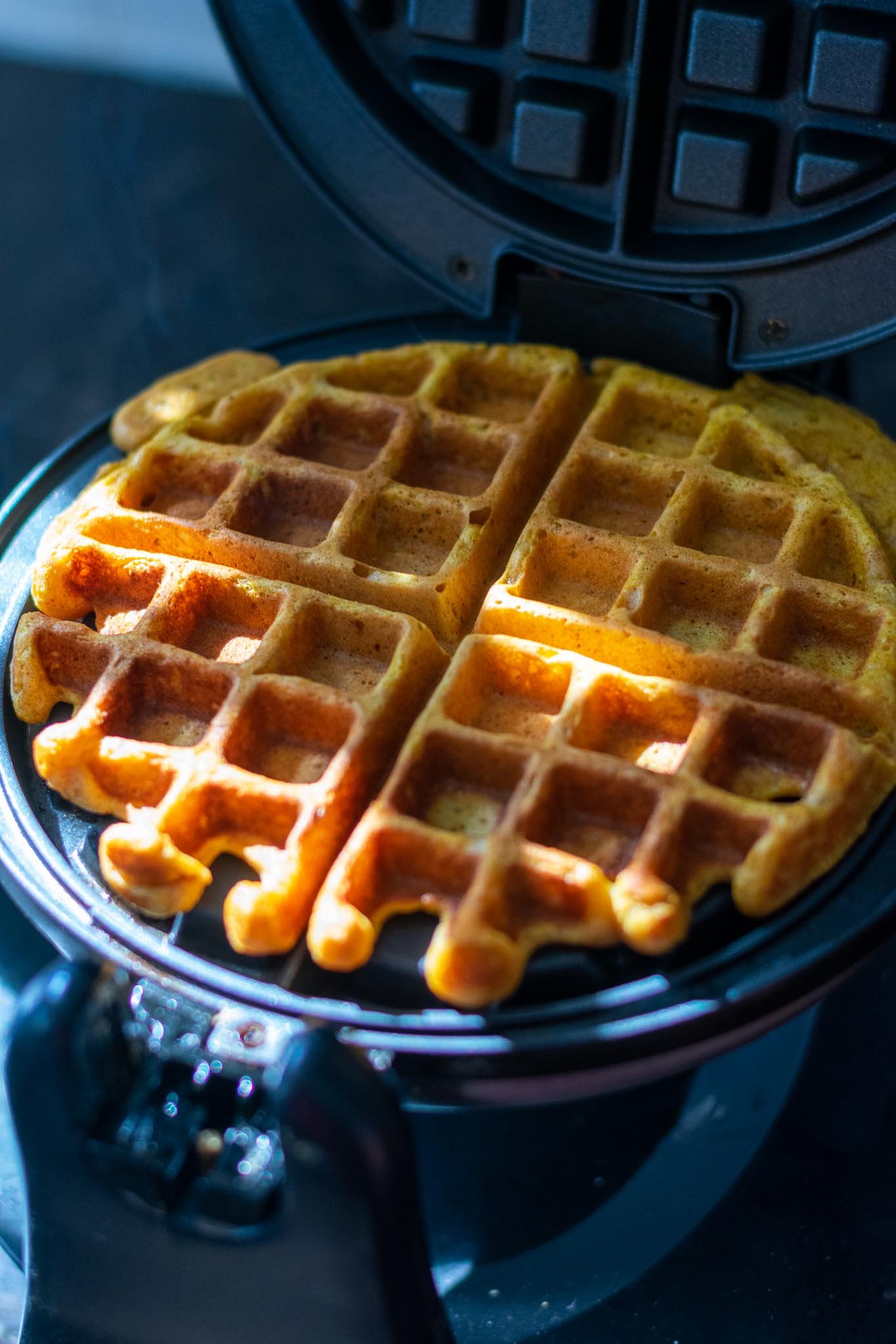 Sourdough Pumpkin Waffle on waffle iron