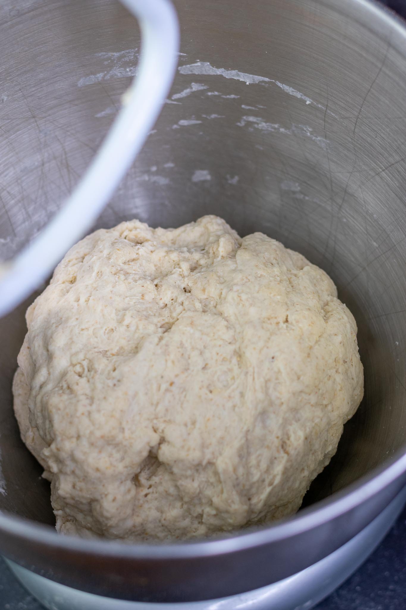 Initial pretzel dough mixed in mixing bowl