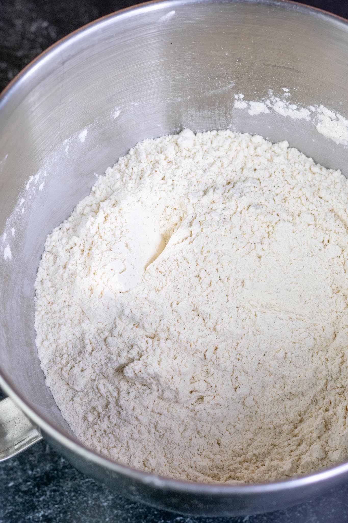 Dry ingredients for pretzels in mixing bowl