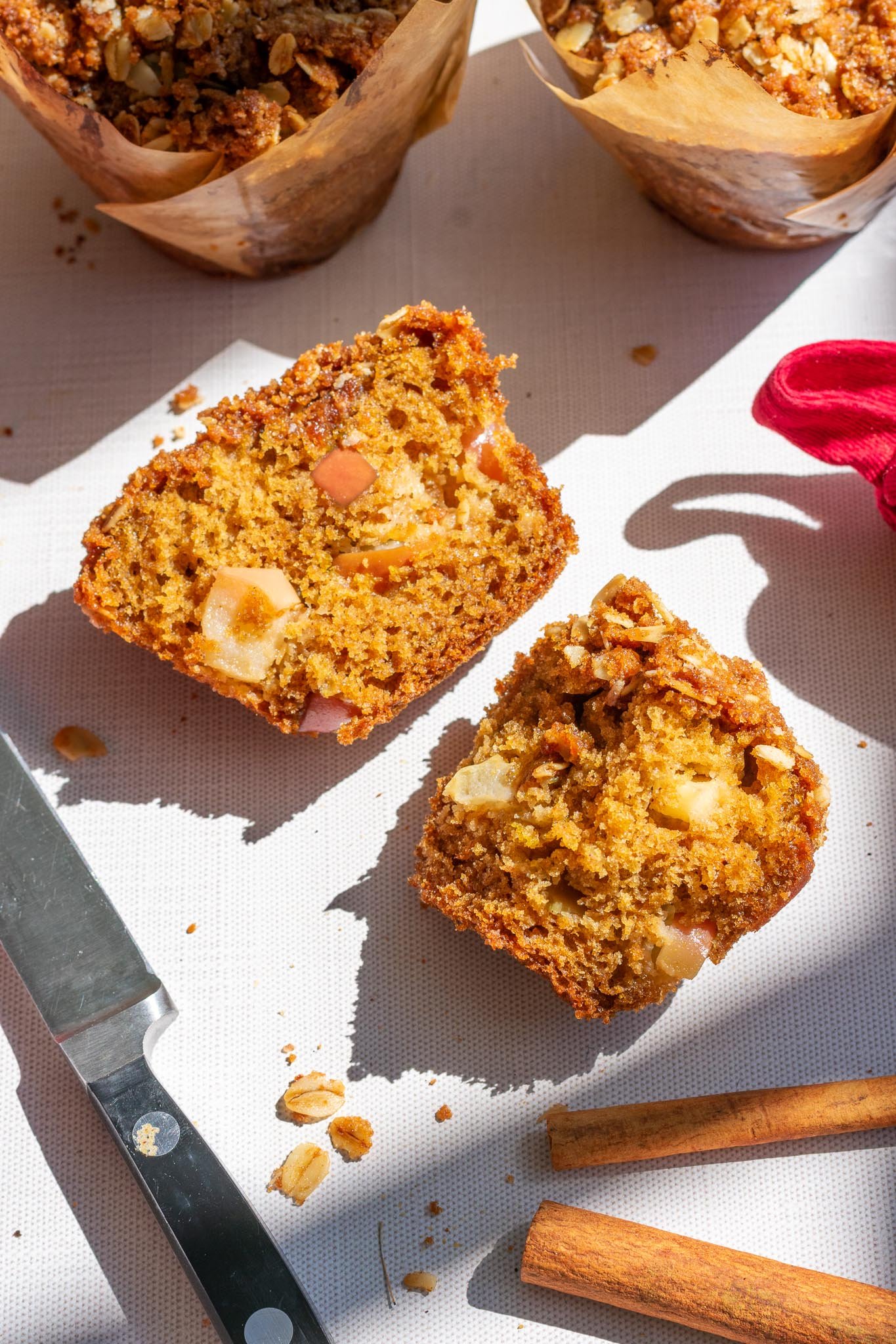 sourdough apple butter muffins split in half
