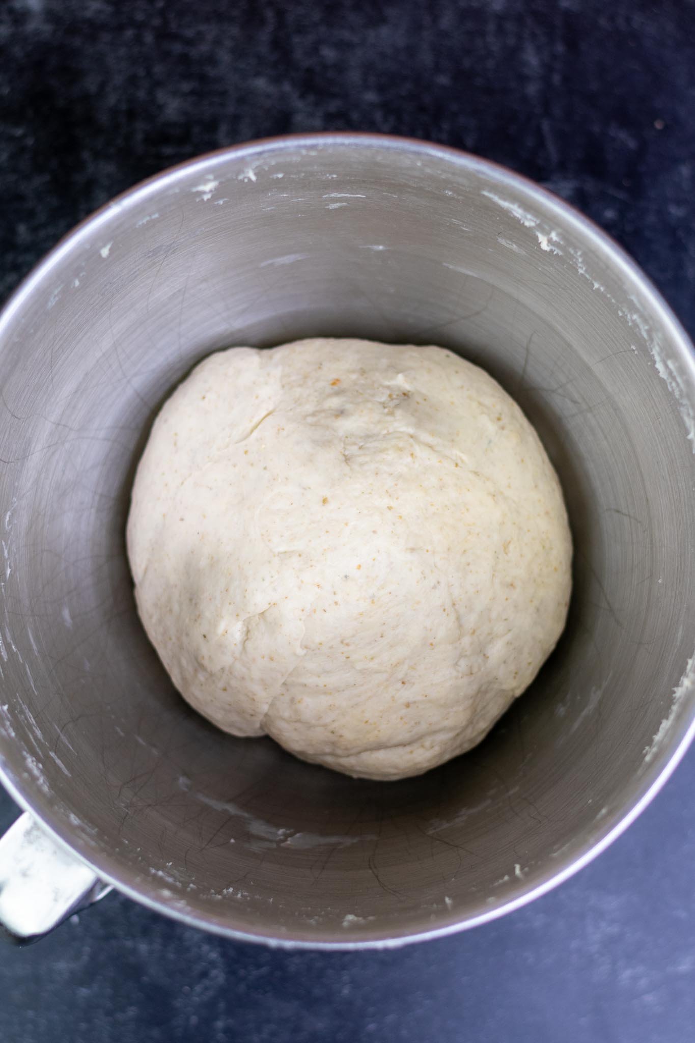 Sourdough pretzel dough at the start of bulk fermentation in mixing bowl