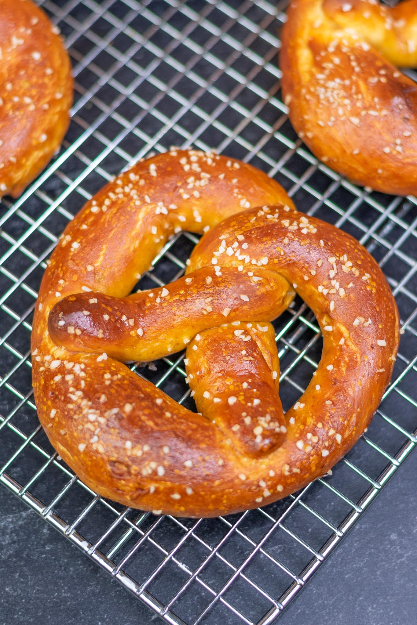 Sourdough pretzel on cooling rack