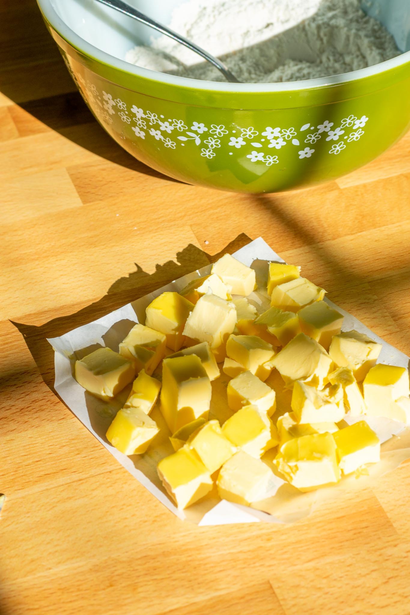 Cubed butter on butter wrapper