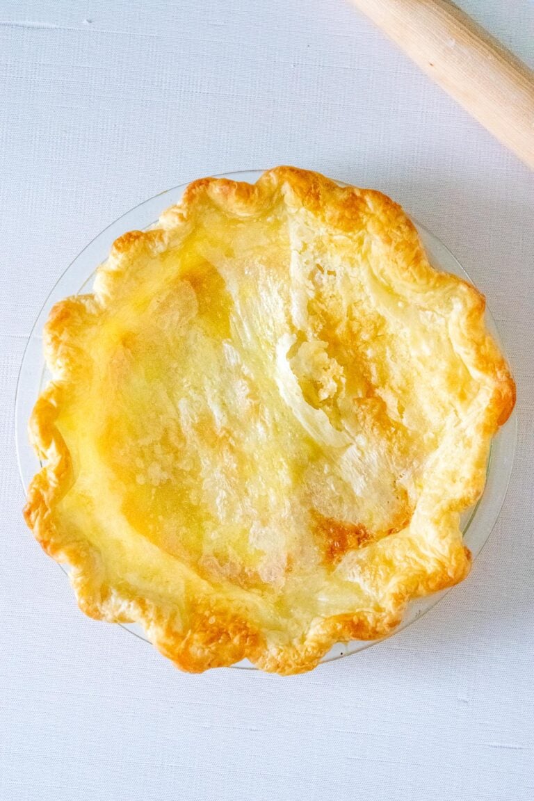 Flaky sourdough pie crust in pie plate