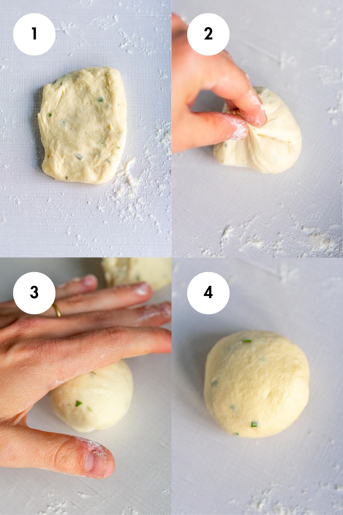 Collage of four images shaping sourdough dinner rolls into balls.