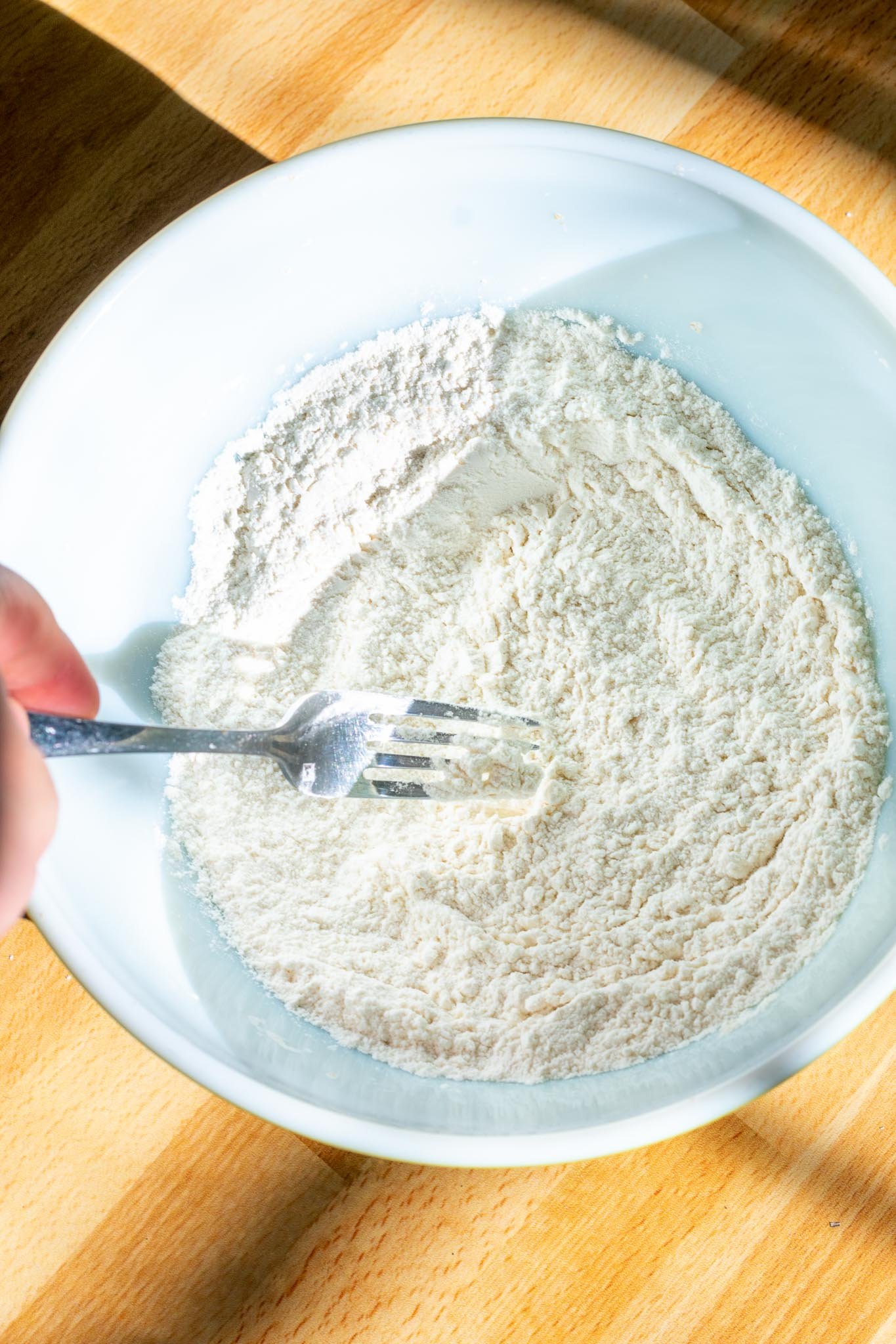 Mixing flour and salt in mixing bowl with a fork