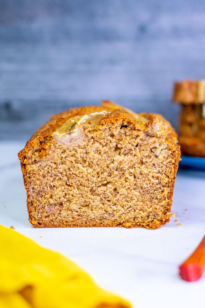 Moist interior of sourdough banana bread sliced