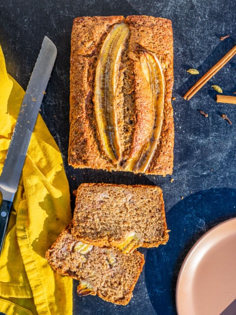 Sliced sourdough banana bread with masala chai spices