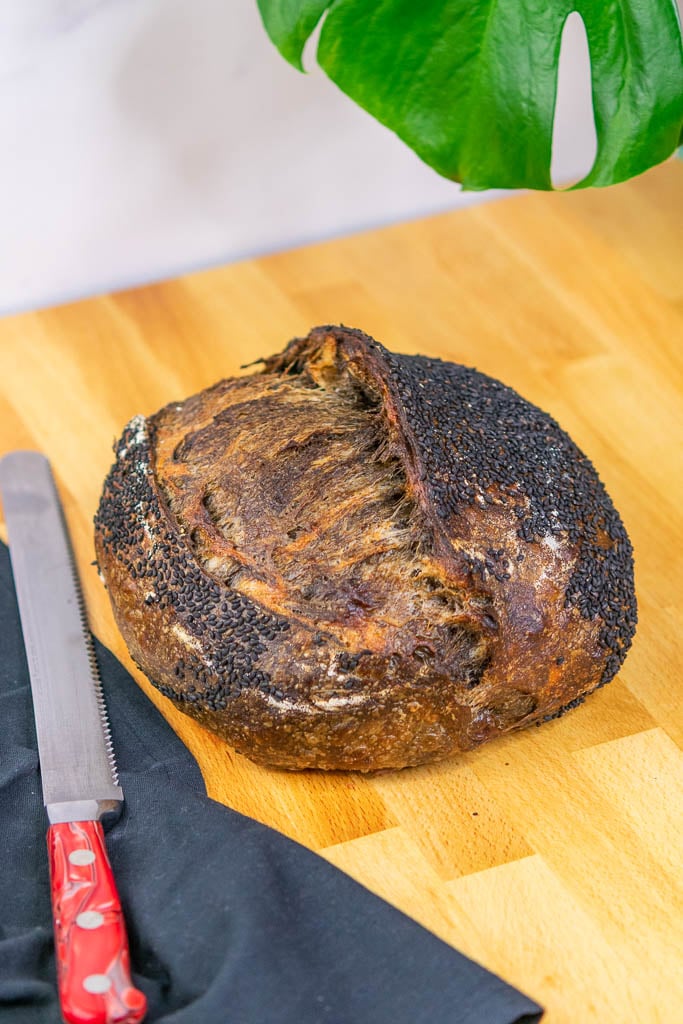 Loaf of black sesame sourdough bread with bread knife on a table