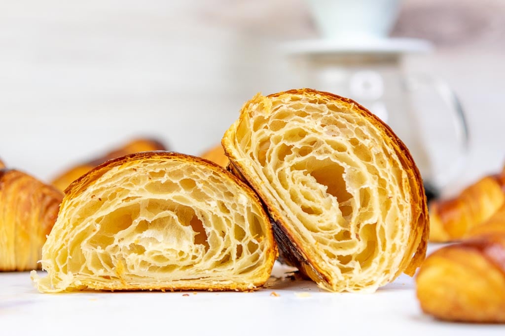 Honeycomb interior of a Sourdough croissant cut in half