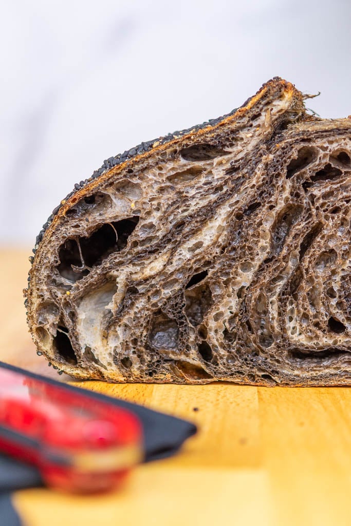 Interior slice of black sesame sourdough bread