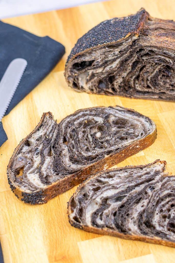 Slices of black sesame sourdough bread
