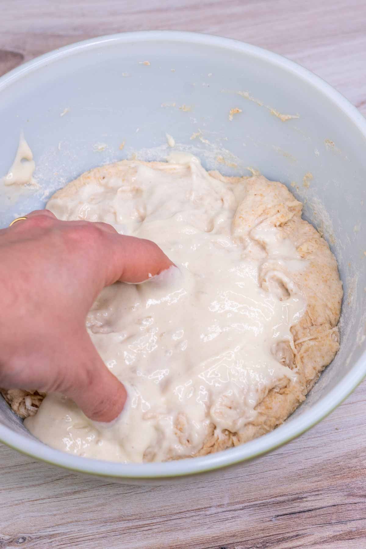 Hand dimpling and mixing levain into dough