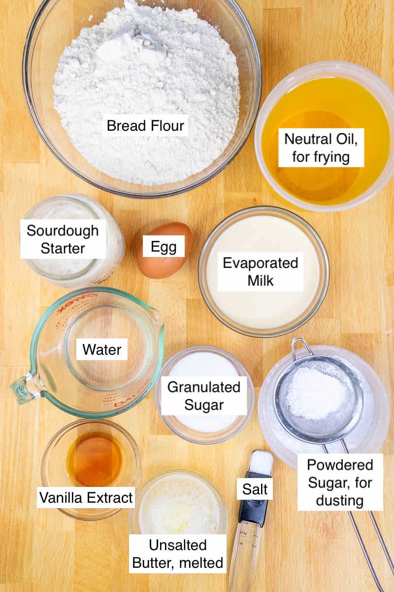 Ingredients needed for sourdough beignets including flour, oil, egg, evaporated milk, starter, water, sugar, salt, vanilla extract, powdered sugar, and melted butter