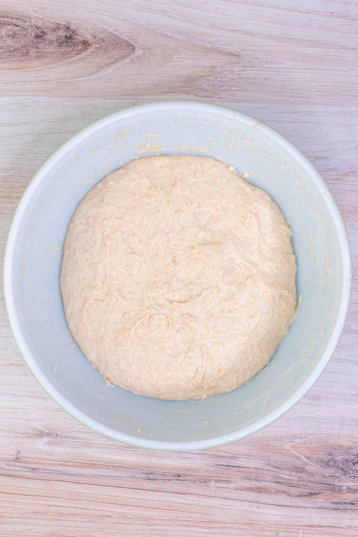 Dough at the start of bulk fermentation in a bowl