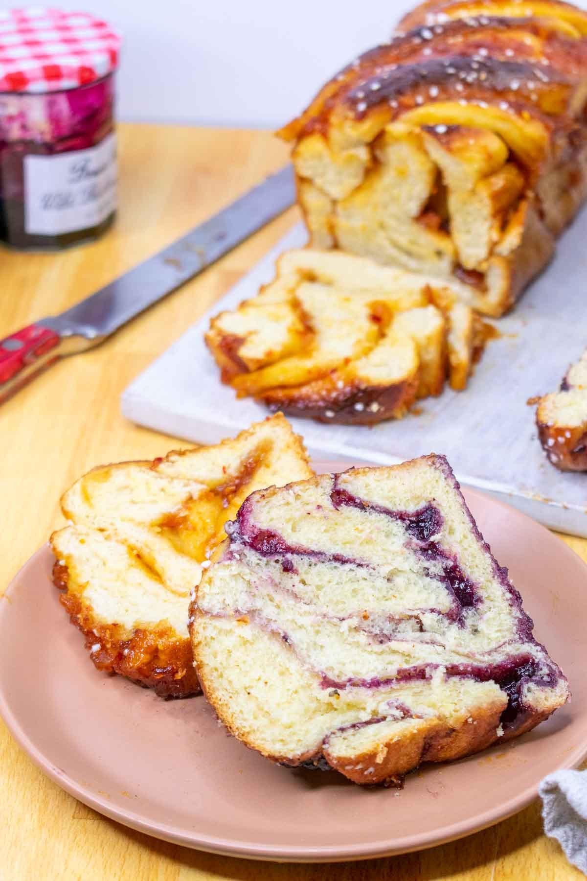 Slices of two sourdough babkas on a plate