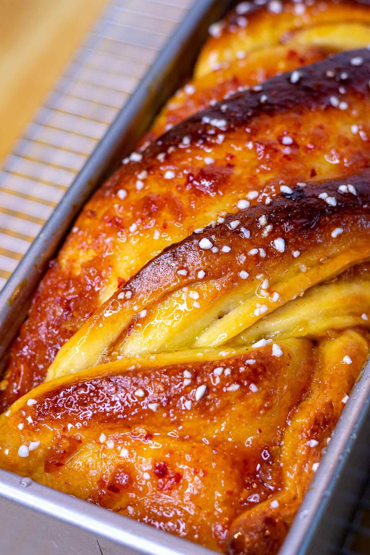 Top of sourdough babka with jam in pan