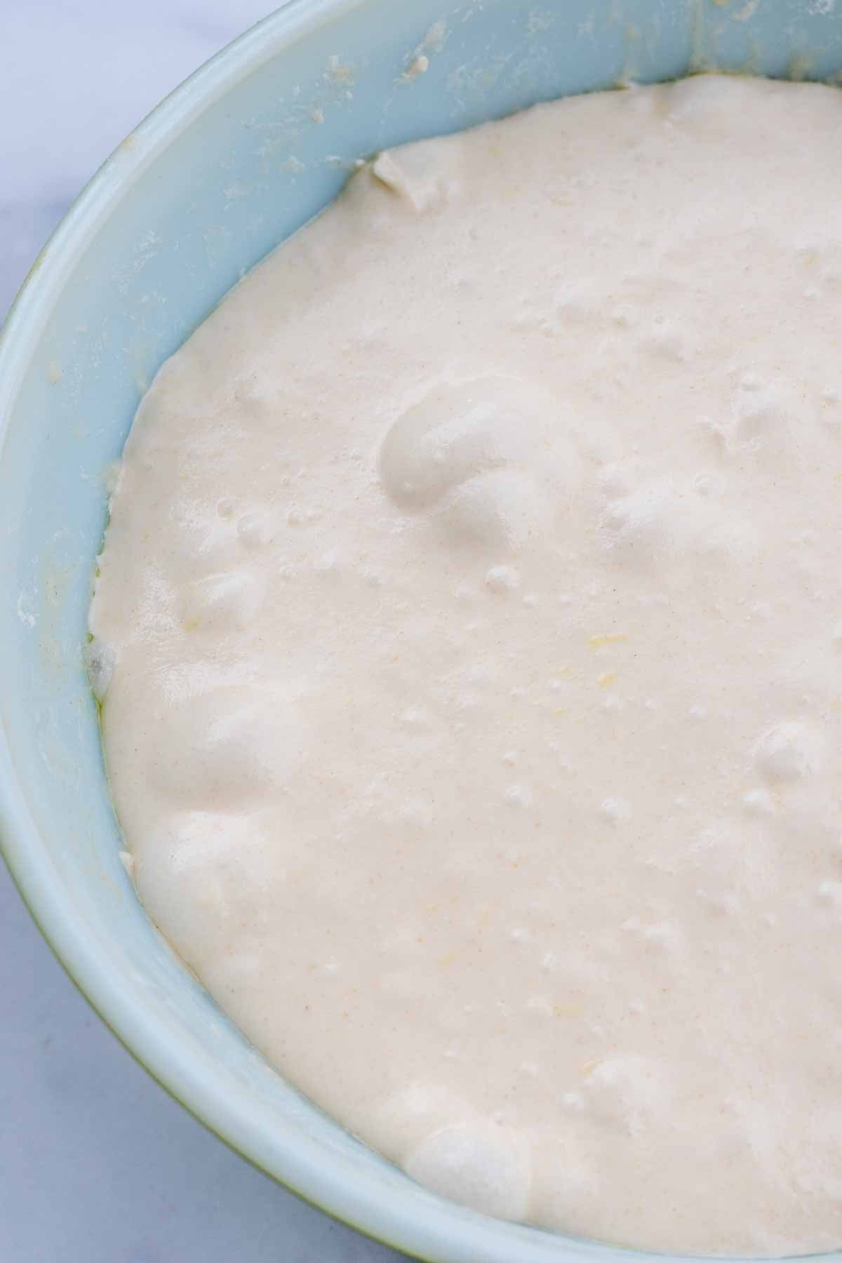 Close up of bubbles on top of pan de cristal dough at the end of bulk fermentation