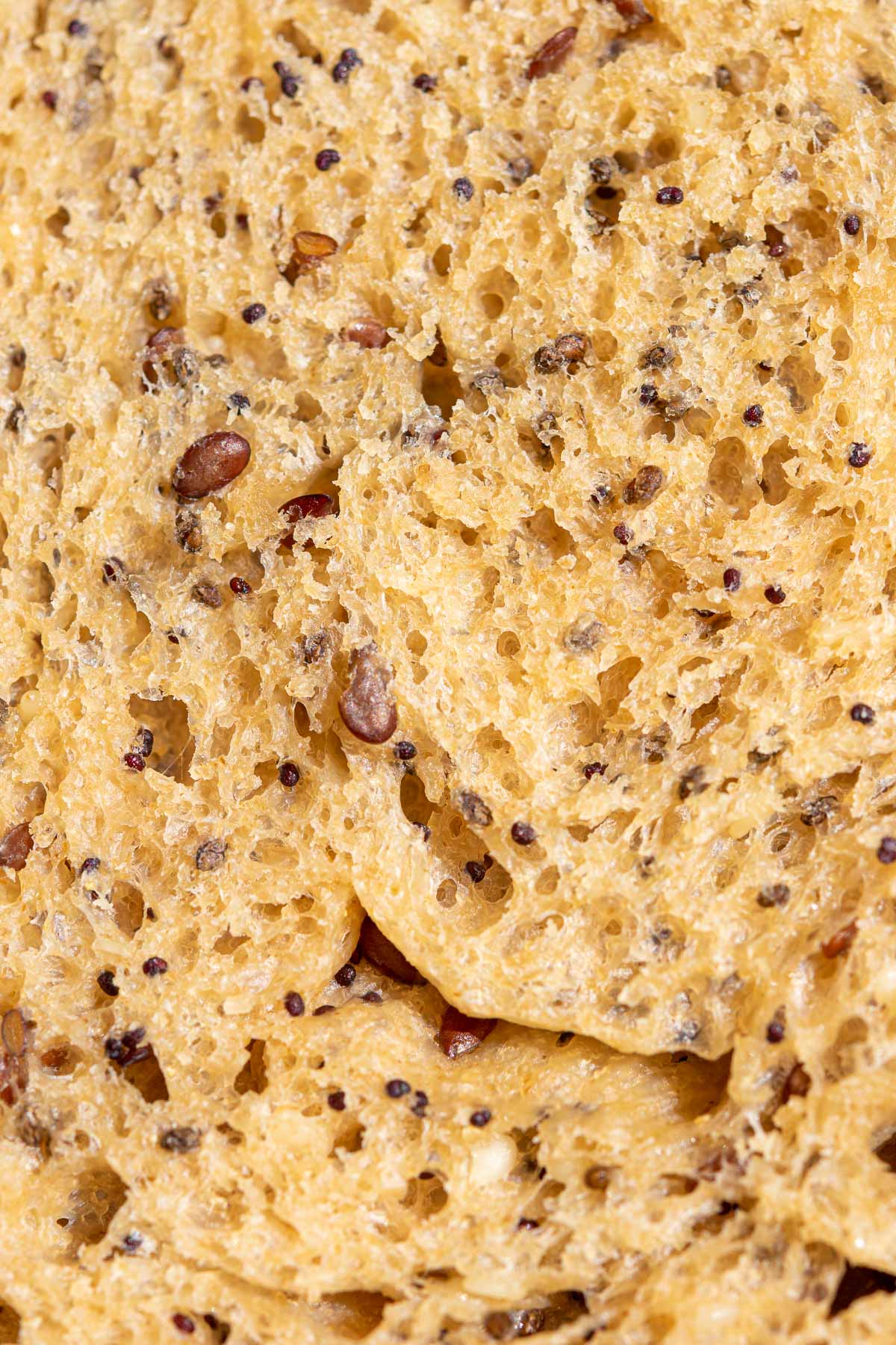 Interior of seeded whole wheat sourdough sandwich bread with lots of seeds