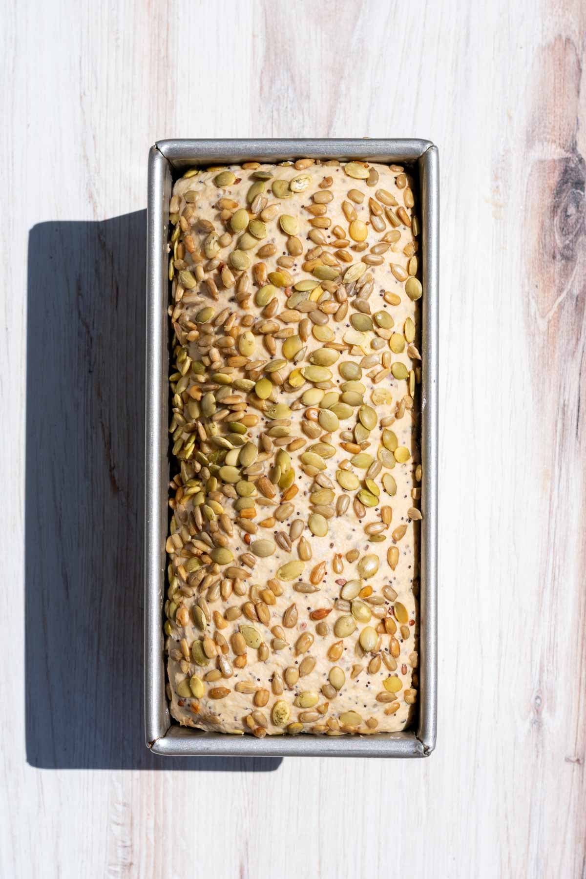 Seeded whole wheat sourdough bread at the end of proofing in bread loaf pan